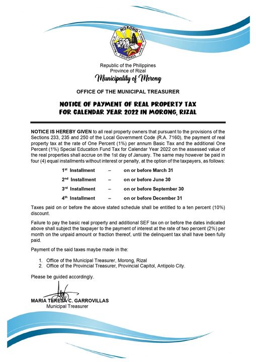 NOTICE OF PAYMENT OF REAL PROPERTY TAX FOR CALENDAR YEAR 2022 IN MORONG, RIZAL