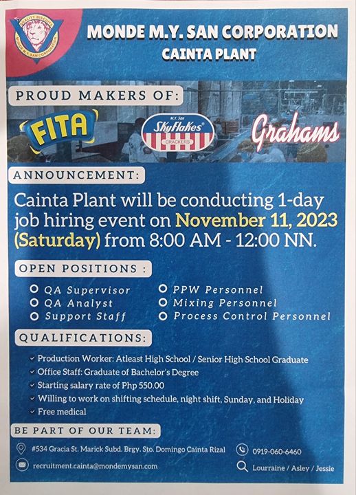 MONDE M.Y. SAN CORPORATION Cainta Plant will be conducting 1-day job hiring event
